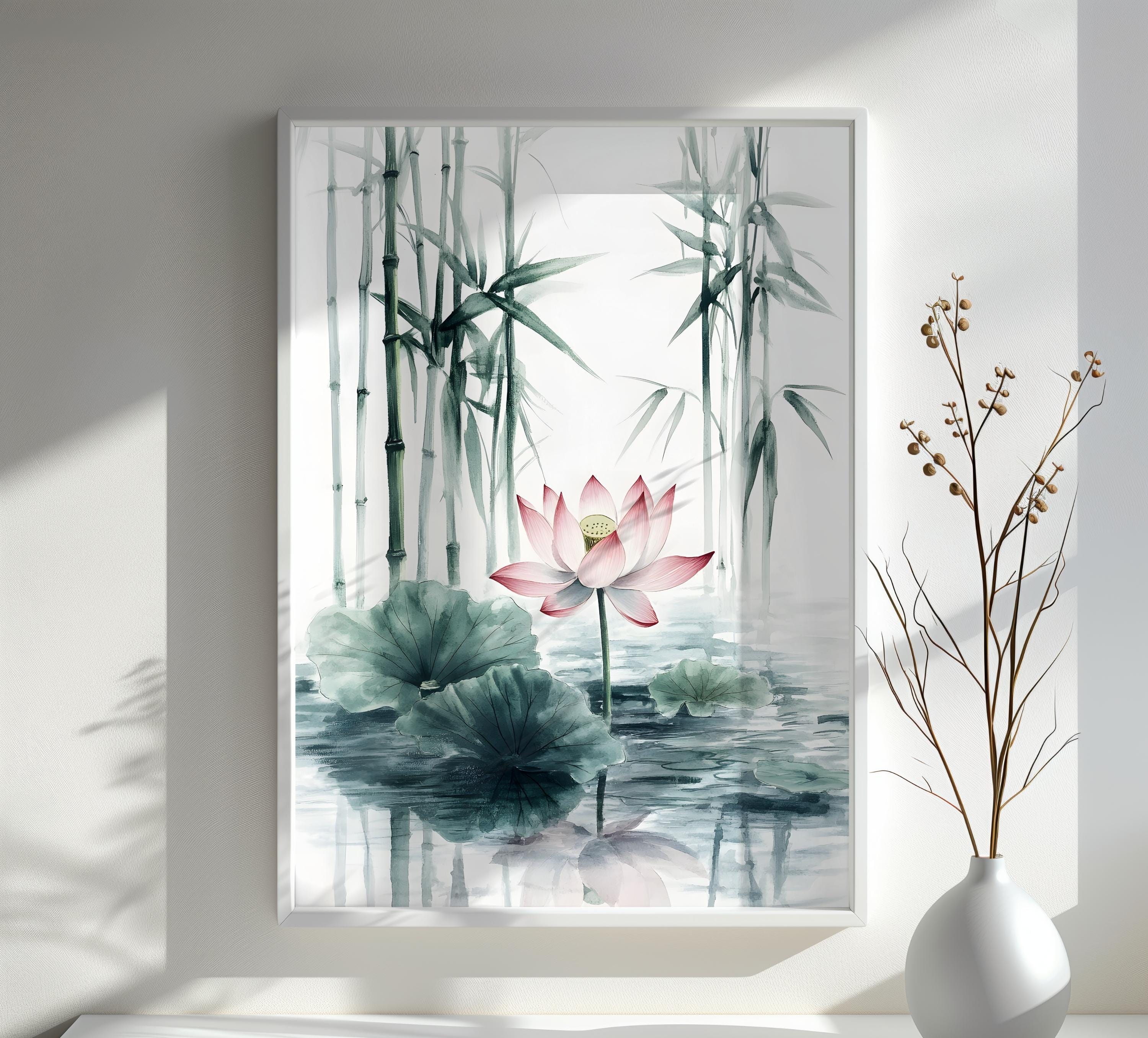 Watercolor Lotus and Bamboo Print Tranquil Nature Inspired Art Zen Botanical Poster Minimalist Asian Inspired Decor Meditation Gift
