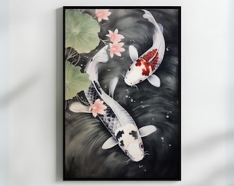 Japanese Koi Fish Ink Art Elegant Koi Fish and Lotus Wall Art Print Traditional Japanese Water Garden Decor Zen Pond Painting Gift