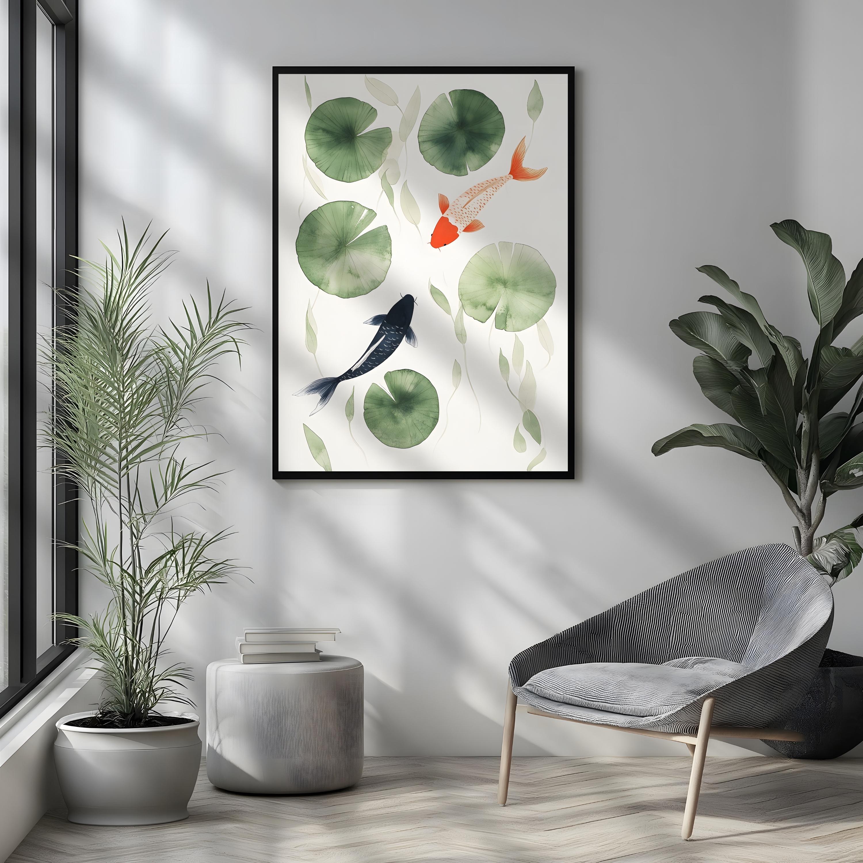 Koi Fish Art Print Japanese Minimalist Wall Decor Serene Lily Pond ...