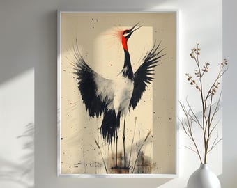 未使用　水彩画 鶴 サイン入り 日本の鶴の水彩画アートプリント：モダンな鳥の水彩画 / ミニマリスト