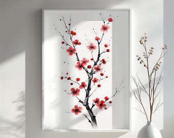 Kirschblüte Wand Kunst Druck Minimalistische asiatische Dekor Elegante Rote Blumen Zen Natur Malerei Perfektes Geschenk für Kunstliebhaber und Wohnkultur
