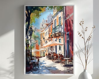 Lisbon Portugal Art Print Watercolor Street Scene Wall Art European Travel Decor Alfama Old Town Cafes Sunny City Gift Landscape