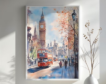 London Watercolor Art Print: Big Ben & Red Bus Cityscape