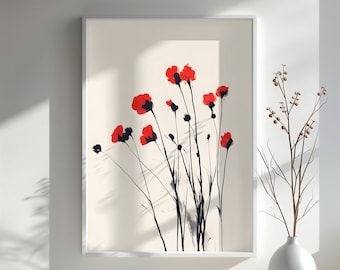Minimalist Red and Black Floral Art Print, Modern Botanical Wall Decor