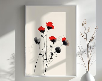 Red and Black Floral Art Print, Modern Botanical Decor