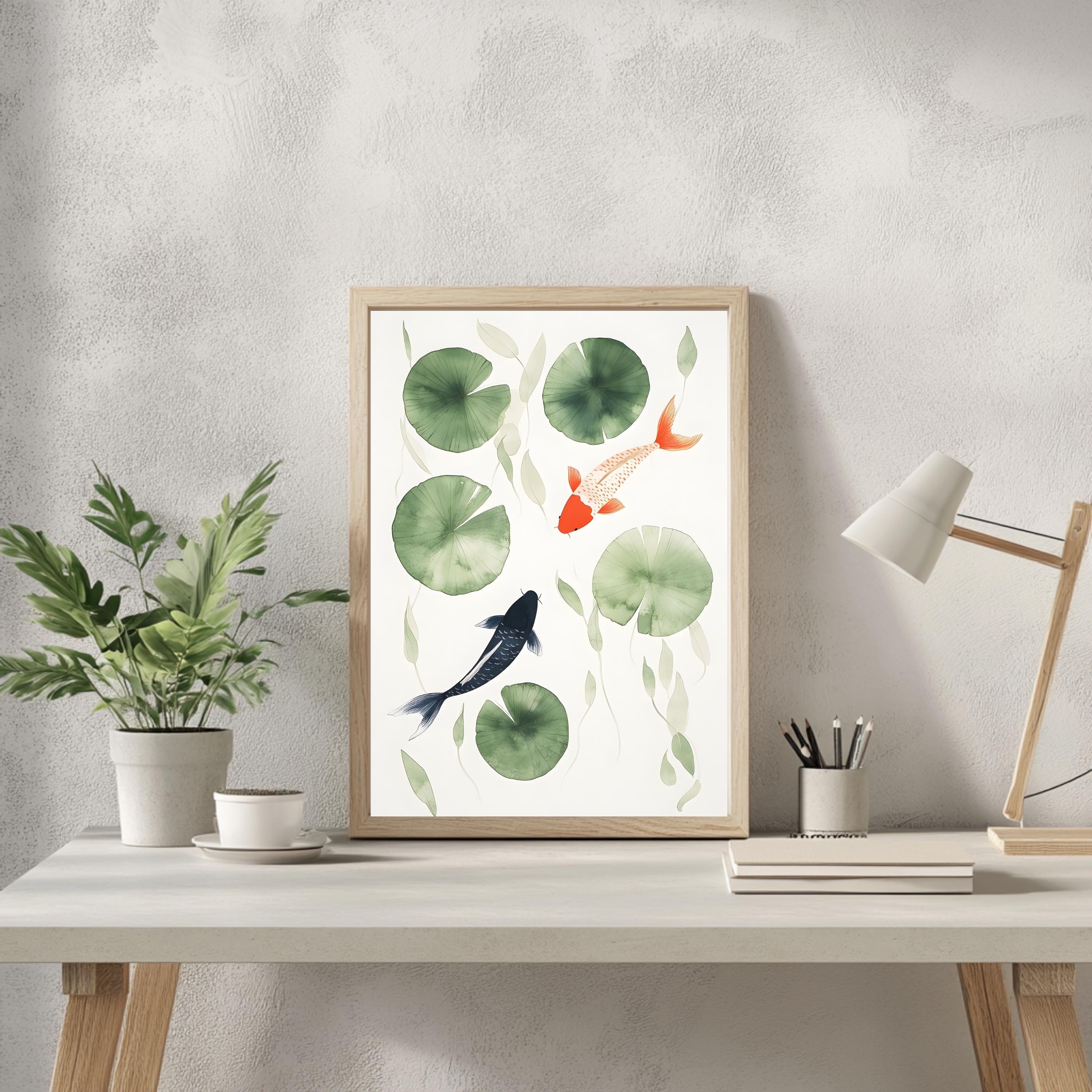 Koi Fish Art Print Japanese Minimalist Wall Decor Serene Lily Pond ...