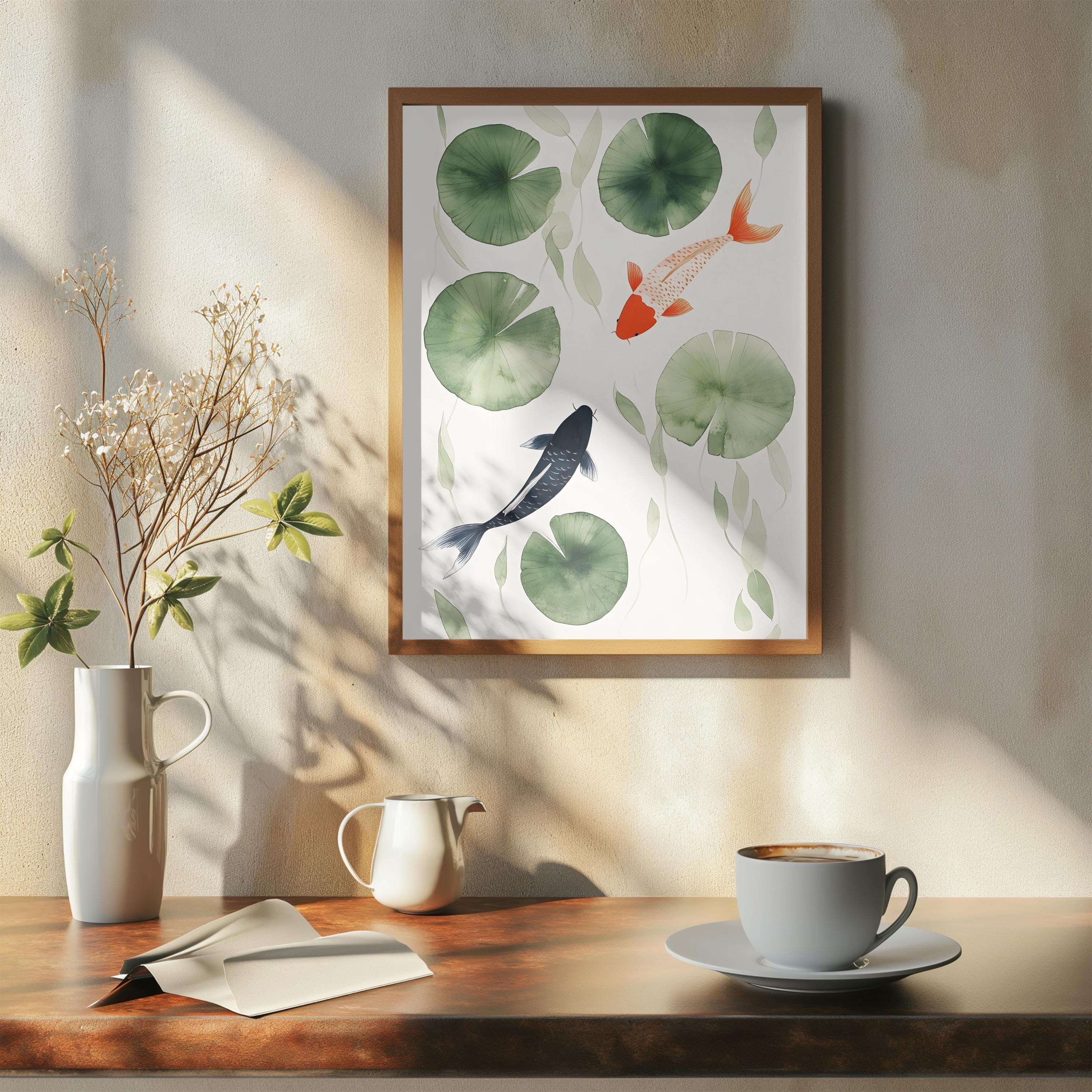 Koi Fish Art Print Japanese Minimalist Wall Decor Serene Lily Pond ...