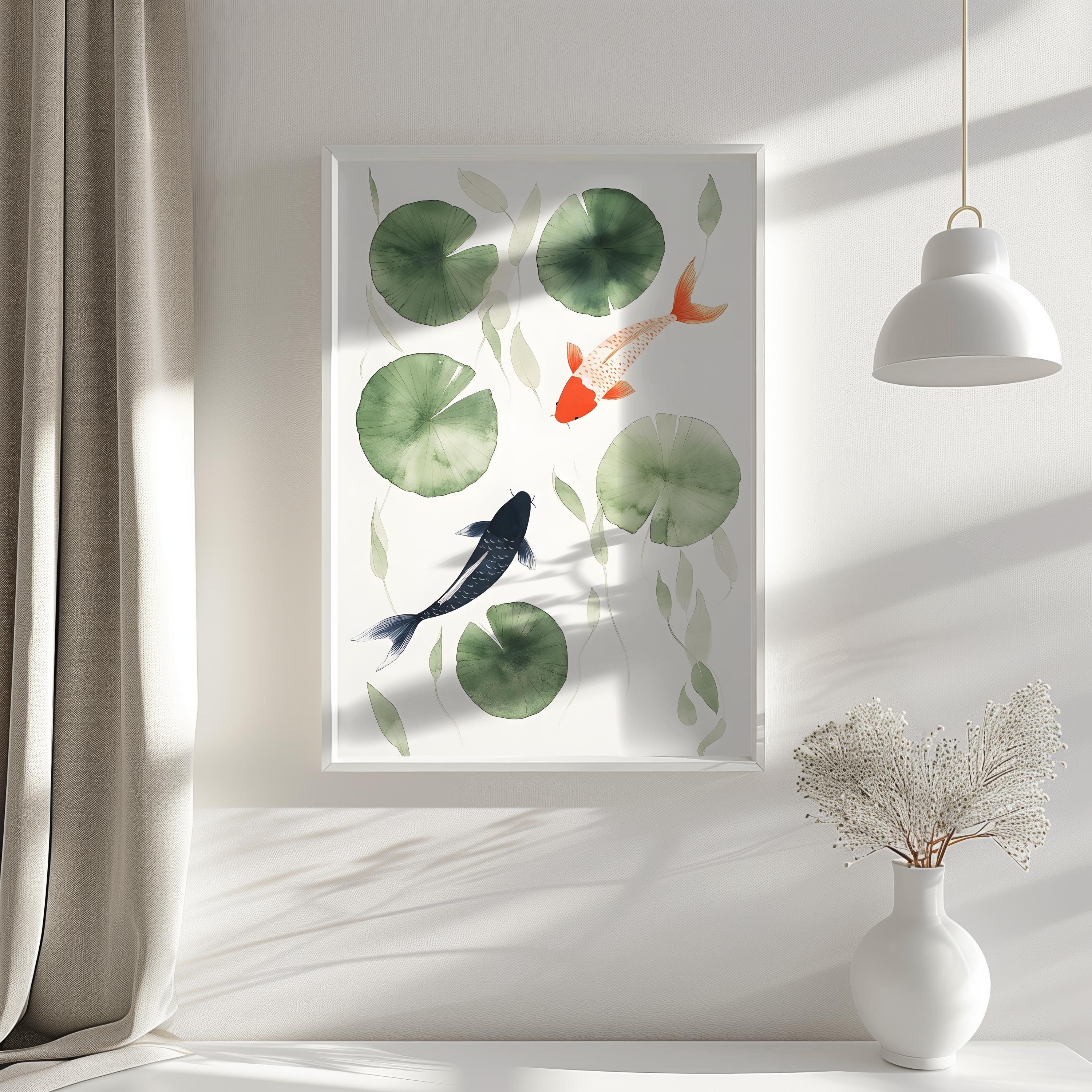 Koi Fish Art Print Japanese Minimalist Wall Decor Serene Lily Pond ...