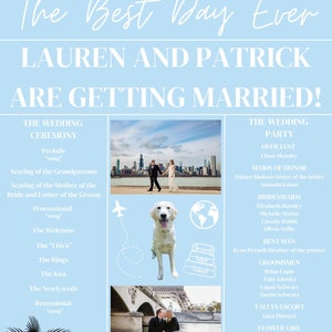 May include: A wedding announcement for Lauren and Patrick. The announcement is in the style of a newspaper with a light blue background and white text. The announcement includes the wedding ceremony and party details, including the officiant, maids of honour, bridesmaids, best man, groomsmen, flower girl, and ushers.