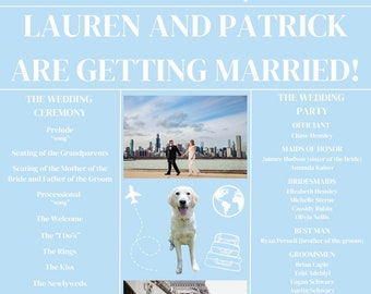 Peut inclure: Une annonce de mariage pour Lauren et Patrick. L'annonce est dans le style d'un journal avec un fond bleu clair et du texte blanc. L'annonce comprend les détails de la cérémonie et de la fête de mariage, y compris l'officiant, les demoiselles d'honneur, les demoiselles d'honneur, le témoin, les garçons d'honneur, la demoiselle d'honneur et les garçons d'honneur.