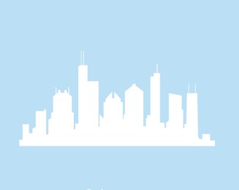May include: A white silhouette of the Chicago skyline against a light blue background. The word "Chicago" is written in white cursive below the skyline. A black palm tree is in the bottom left corner of the image.