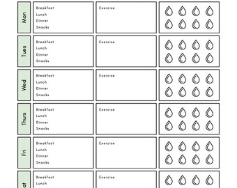 May include: A printable weekly planner with sections for meal planning, workout routines, and water intake tracking. The planner has a green and white color scheme and includes the text "HEALTHY HABITS".