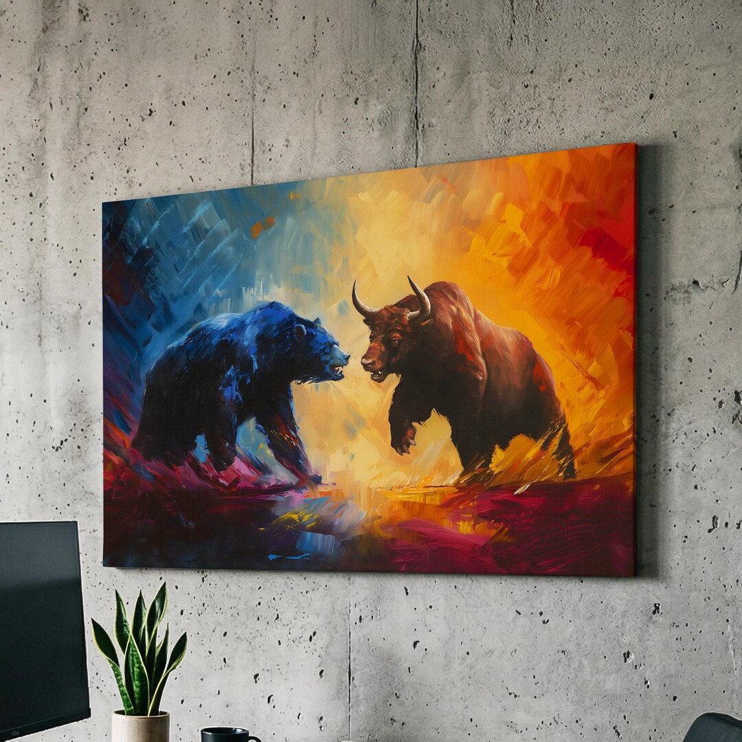 bull & bear digital prints, stock market art, wall... Bear Vs Bull Stock Market Wall Street Trading Painting Finance ...