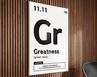 May include: A white framed wall art piece with the word "Gr" in large, bold, black letters. Below, the word "Greatness" is displayed, along with its pronunciation and a definition. The art is mounted on a wooden wall.