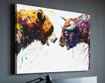 Bear Vs Bull Stock Market Wall Street Trading Painting Finance Inspirational Framed Canvas Wall Art Poster Print Home & Office Room Decor