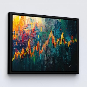 May include: Abstract art print in a black frame. The artwork features a textured, colorful design with a dominant palette of orange, yellow, green, and blue. The composition resembles a financial chart or cityscape, with dynamic brushstrokes.