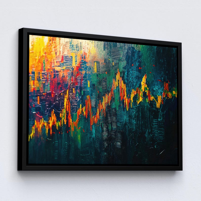 May include: Abstract art print in a black frame. The artwork features a textured, colorful design with a dominant palette of orange, yellow, green, and blue. The composition resembles a financial chart or cityscape, with dynamic brushstrokes.