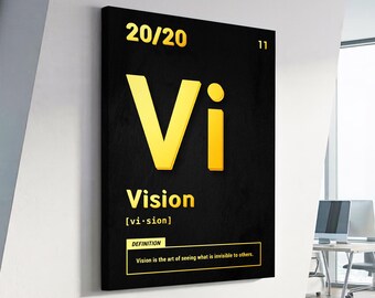 May include: A black canvas print with the words "20/20" and "Vi Vision" in gold lettering. The definition "Vision is the art of seeing what is invisible to others" is also included in a gold frame.