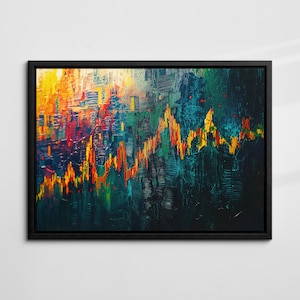 May include: Abstract canvas art with a black frame. The artwork features a vibrant, textured design with a color palette of yellow, orange, red, green, and blue. The brushstrokes create a dynamic, graph-like pattern.