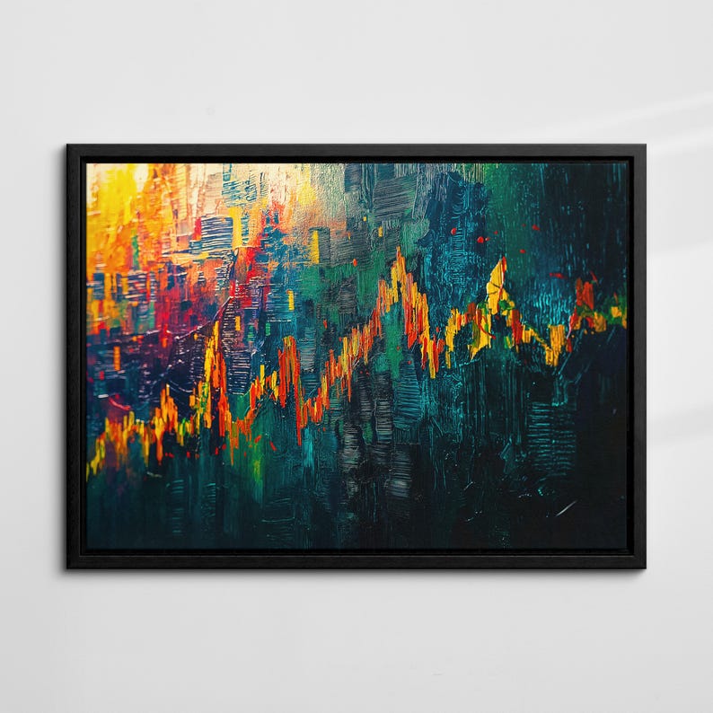 May include: Abstract canvas art with a black frame. The artwork features a vibrant, textured design with a color palette of yellow, orange, red, green, and blue. The brushstrokes create a dynamic, graph-like pattern.