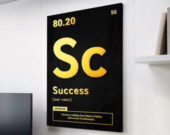 May include: A rectangular black wall art print featuring a yellow periodic table style design. It displays the number 80.20, the letters Sc, the word Success, phonetic spelling, and the definition: Success is walking from failure to failure with no loss of enthusiasm.
