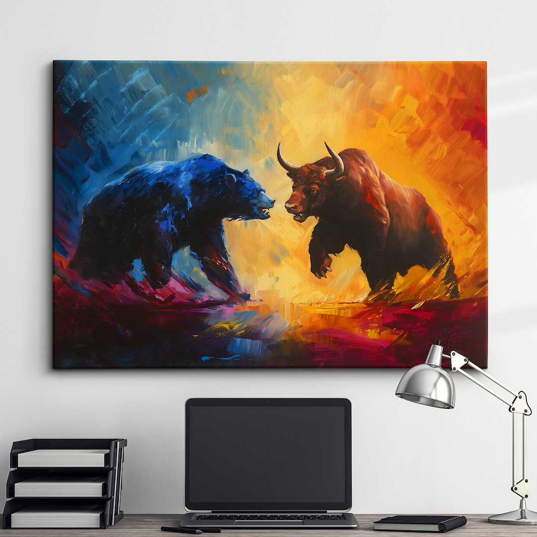 bull & bear digital prints, stock market art, wall... Bear Vs Bull Stock Market Wall Street Trading Painting Finance ...