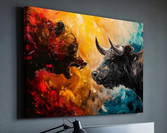 Bear Vs Bull Stock Market Wall Street Trading Painting Finance Inspirational Framed Canvas Wall Art Poster Print Home & Office Room Decor