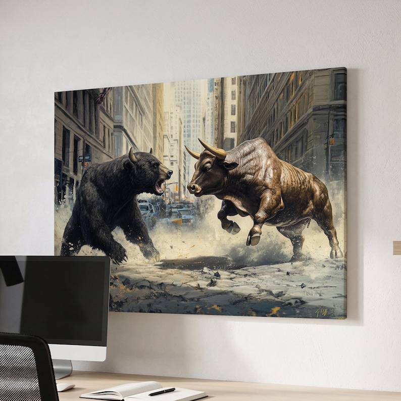 bull & bear digital prints, stock market art, wall... Bear Vs Bull Stock Market Wall Street Trading Painting Finance ...
