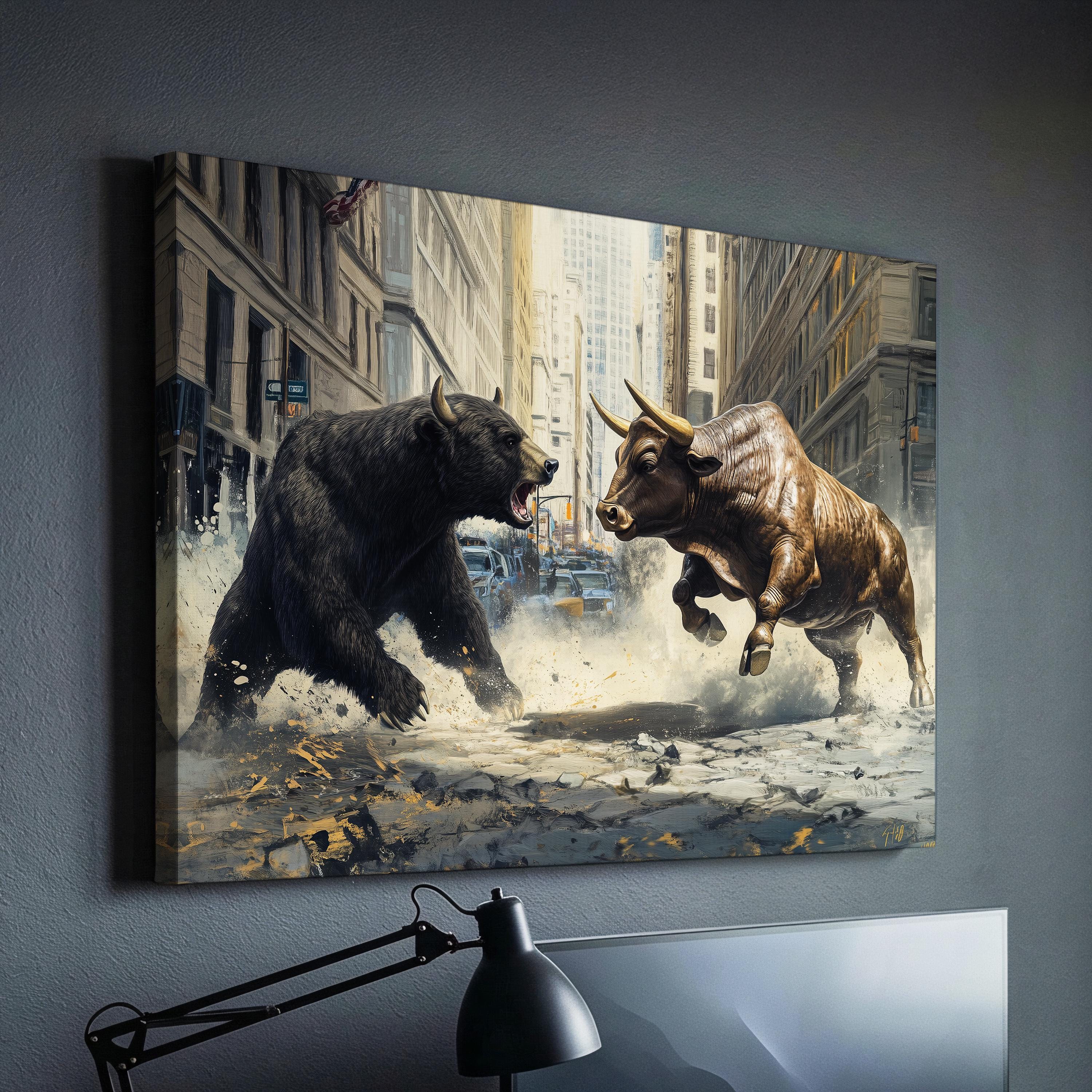 bull & bear digital prints, stock market art, wall... Bear Vs Bull Stock Market Wall Street Trading Painting Finance ...