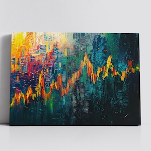 May include: Abstract canvas art with a textured, impasto style. The artwork features a vibrant color palette of yellow, red, orange, and green, with a dark blue background. The composition resembles a financial chart or graph, with dynamic lines.