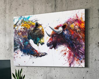 Bear Vs Bull Stock Market Wall Street Trading Painting Finance Inspirational Framed Canvas Wall Art Poster Print Home & Office Room Decor