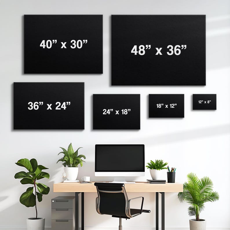 May include: A collection of six black rectangular canvases of varying sizes, with white text indicating dimensions. Sizes include 40" x 30", 48" x 36", 36" x 24", 24" x 18", 18" x 12", and 12" x 8". The canvases are displayed on a white wall.