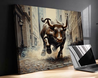 Bull Stock Market Painting Wall Street Trading Finance Inspirational Framed Canvas Wall Art Poster Print Home Office Room Decor Trader Gift