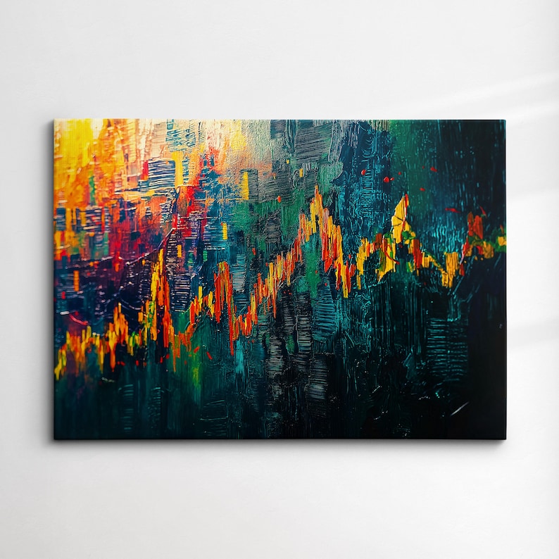 May include: Abstract art canvas print with a textured, impasto style. The artwork features a vibrant color palette of yellow, orange, red, green, and blue, with a prominent, jagged line resembling a financial chart. The overall theme is a modern, colorful representation of data.