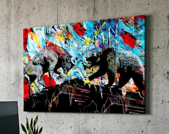 Bear Vs Bull Stock Market Trading Painting Motivational Inspirational, Framed Canvas Wall Art Poster Print, Home Office & Room Decor, Gift