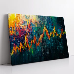 May include: Abstract art canvas print with a textured, impasto style. The artwork features a vibrant mix of colors, including yellow, orange, red, and blue, creating a dynamic and energetic composition. The painting is mounted on a white wall.