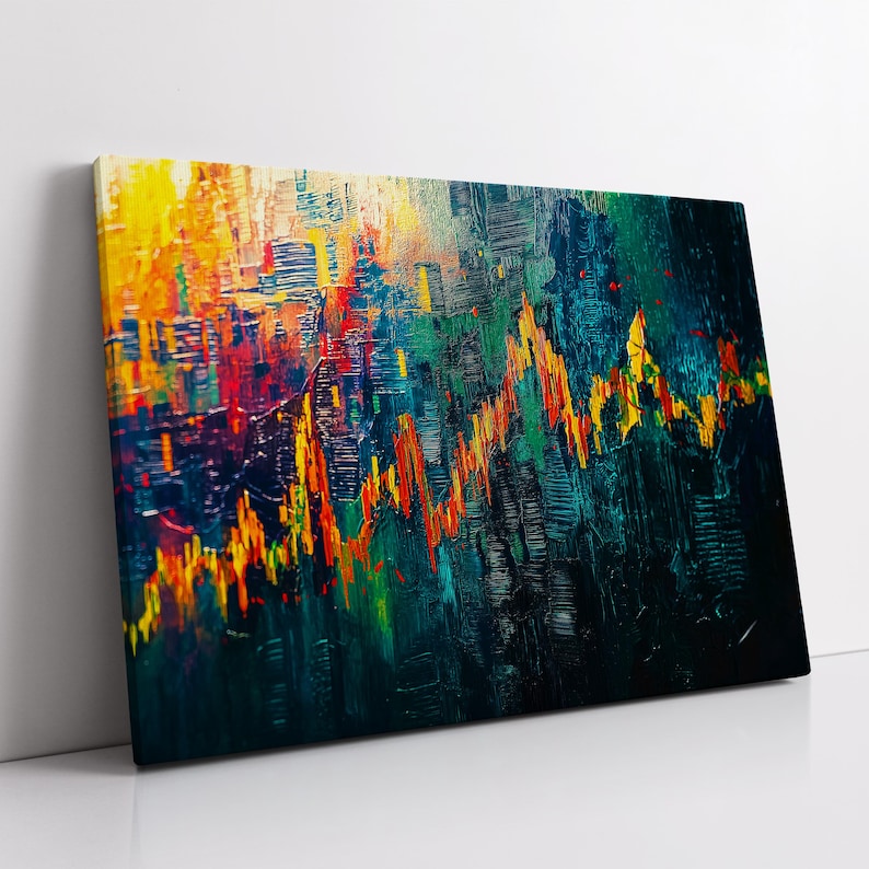 May include: Abstract art canvas print with a textured, impasto style. The artwork features a vibrant mix of colors, including yellow, orange, red, and blue, creating a dynamic and energetic composition. The painting is mounted on a white wall.