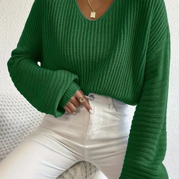 Pull en laine vert manche longue col V S/M/L/XL/XXL