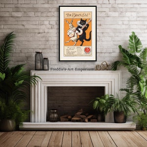 May include: A vintage poster for "The Black Cat" magazine from March 1916. The poster features a black cat playing a banjo with a rabbit. The poster is framed and hanging above a white fireplace.