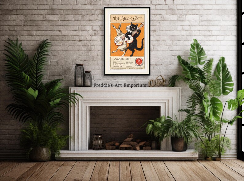 May include: A vintage poster for "The Black Cat" magazine from March 1916. The poster features a black cat playing a banjo with a rabbit. The poster is framed and hanging above a white fireplace.