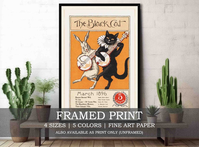The Black Cat Framed or Unframed Fine Art Print // Vintage Magazine Cover Poster March 1896 Cat & Rabbit Hare Playing Banjos // Home Gift
