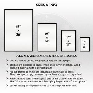 May include: A chart showing different sizes for framed prints. The sizes are 24" x 36", 16" x 24", 12" x 18", and 8" x 12". The text "ALL MEASUREMENTS ARE IN INCHES" is at the bottom of the chart.