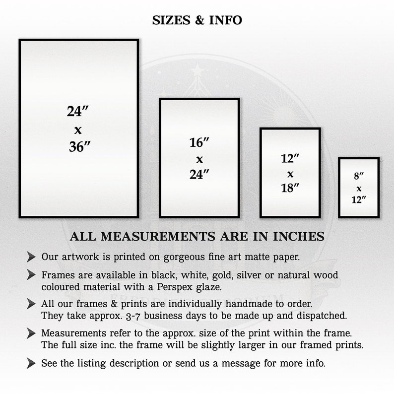 May include: A chart showing different sizes for framed prints. The sizes are 24" x 36", 16" x 24", 12" x 18", and 8" x 12". The text "ALL MEASUREMENTS ARE IN INCHES" is at the bottom of the chart.