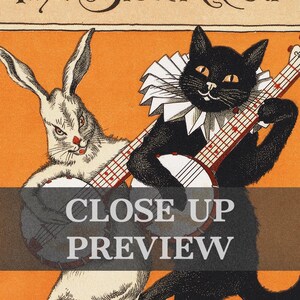 May include: A black cat with a white ruffle collar plays a banjo while a white rabbit with red eyes plays a banjo. The background is orange.
