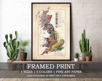 Op de afbeelding: Een ingelijste print van een geologische kaart van Groot-Brittannië, met een gedetailleerde, veelkleurige illustratie. De kaart zit in een zwart frame en bevat de tekst: "FRAMED PRINT | 4 SIZES | 5 COLORS | FINE ART PAPER".