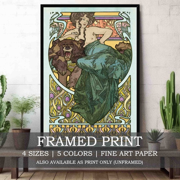 Woman & Bear Framed or Unframed Fine Art Print // Vintage Picture of Woman with Brown Bear by Alphonse Mucha // Feminist Goddess Poster Gift