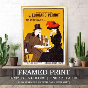 Puede incluir: Impresión enmarcada de un anuncio vintage para el licor J. Edouard Pernot Mont-Christ. El anuncio presenta a un hombre y una mujer sentados a una mesa, con el texto "EXTRA-SUPÉRIEURE J. ÉDOUARD PERNOT SOCIETE ANONYME MONTBÉLIARD" y "LIQUEUR MONT-CHRIST" visible.