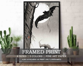 Bats & Moon Framed or Unframed Fine Art Print // Vintage Japanese Traditional Woodblock Poster // Antique Animal Gothic Home Decor