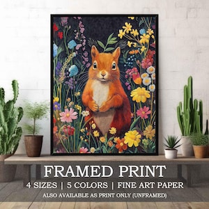 Squirrel in Wildflower Garden Art Print | Vintage Gustav Klimt Style Animal Poster | Colorful Floral Wall Decor | Framed or Unframed Gift
