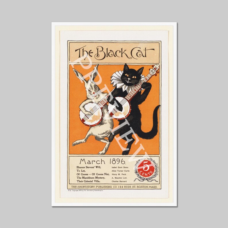 May include: A vintage magazine cover for "The Black Cat" from March 1896. The cover features a black cat and a white rabbit playing banjos on an orange background. The text "The Black Cat" is in a large, bold font at the top of the cover. The magazine is priced at 5 cents.